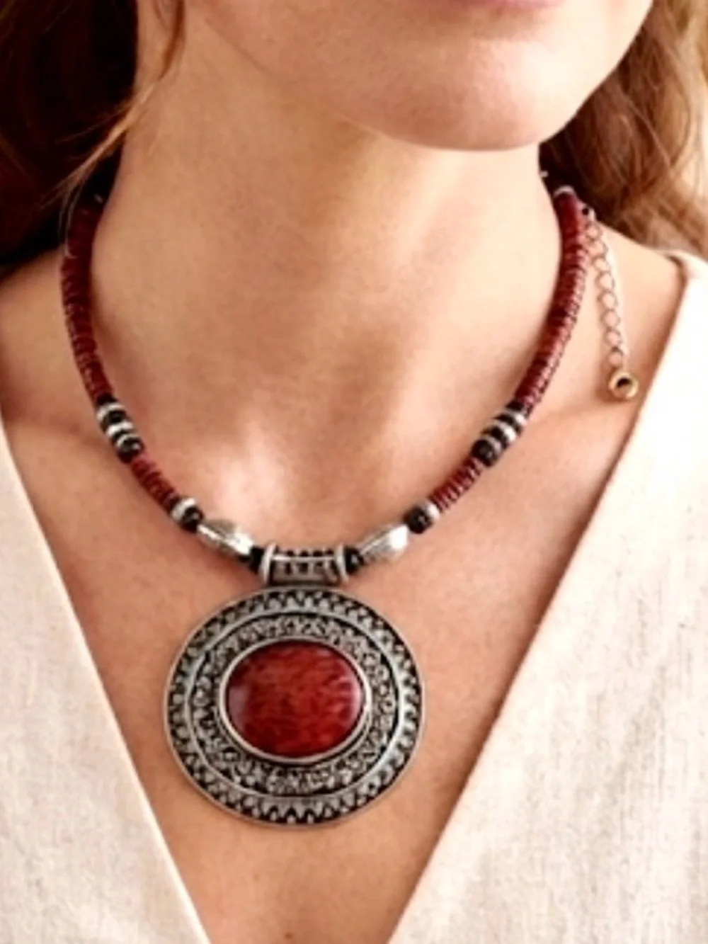 Boho Red Stone Pendant Necklace with Silver-Tone Accents